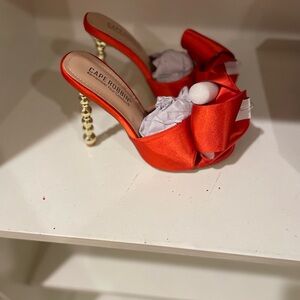Cape Robbin Salsa Red Satin Open Toe Heels, Size 7.5, New In Box